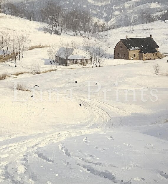 Neutral Winter Landscape Art Print, Snowy Farm