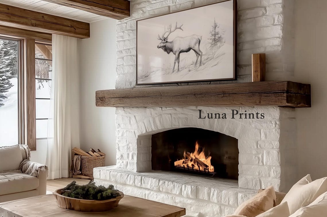 Elk Sketch Antlers Hillside Neutral Wildlife Drawing Wall Art