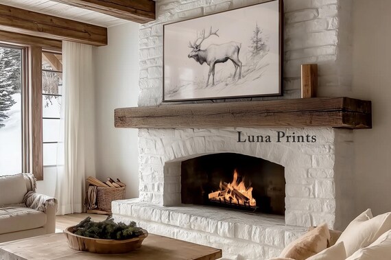 Elk Sketch Antlers Hillside Neutral Wildlife Drawing Wall Art