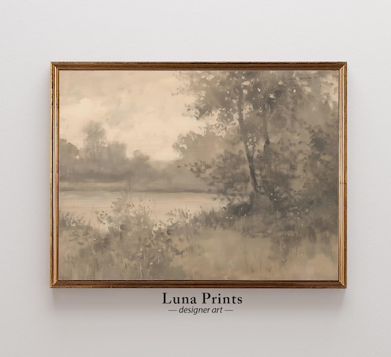 Muted Lake Landscape Painting Art Print, Neutral