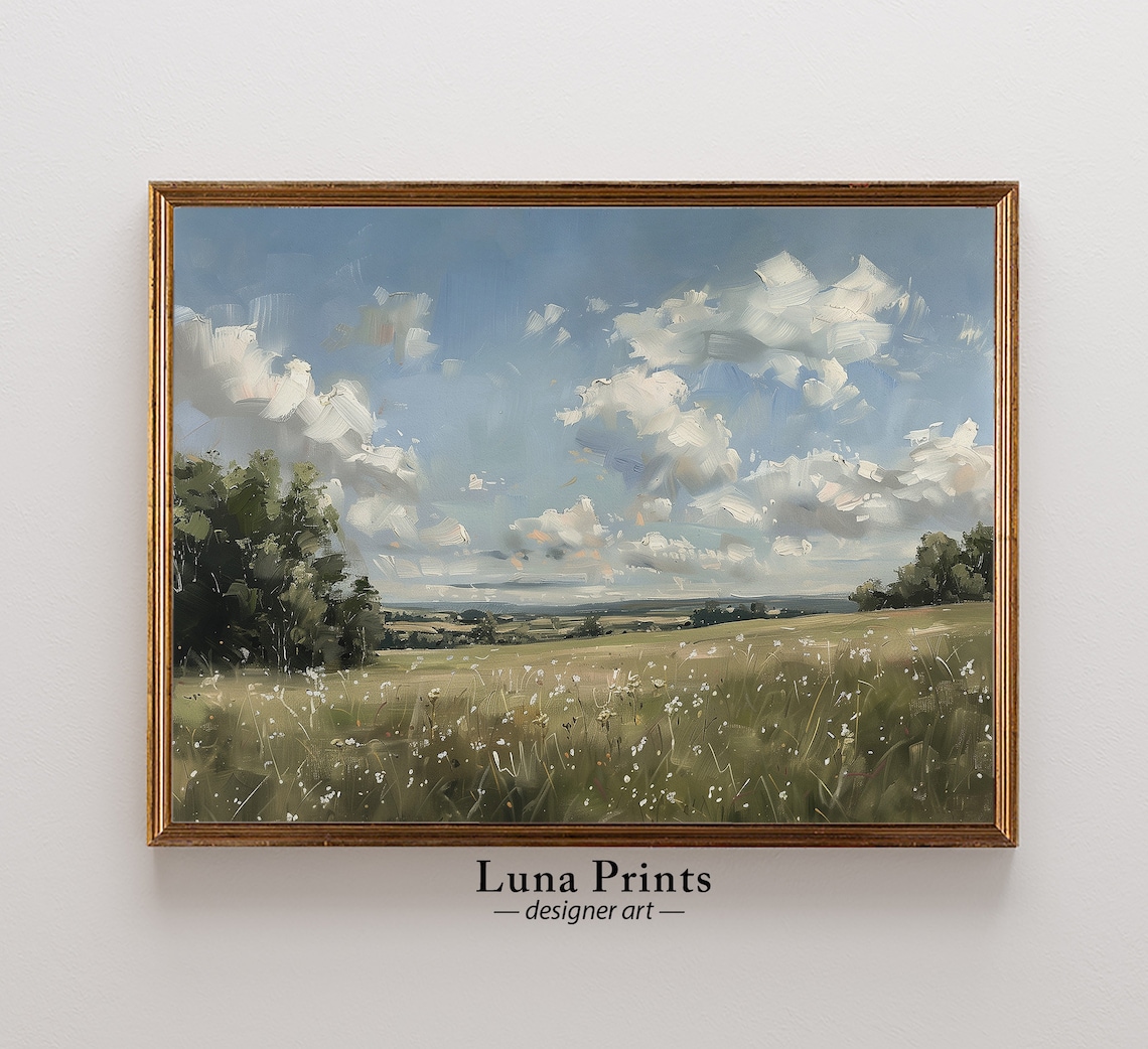 Vast Summer Wildflower Meadow Under Clouded Sky Landscape Poster