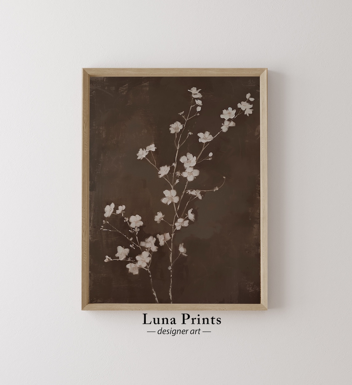 White Blossom Branch on Dark Brown Minimalist Floral Wall Art