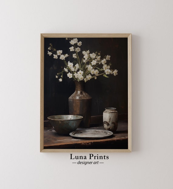 Moody Still Life Painting Art Vintage Floral Kitchen Shelf
