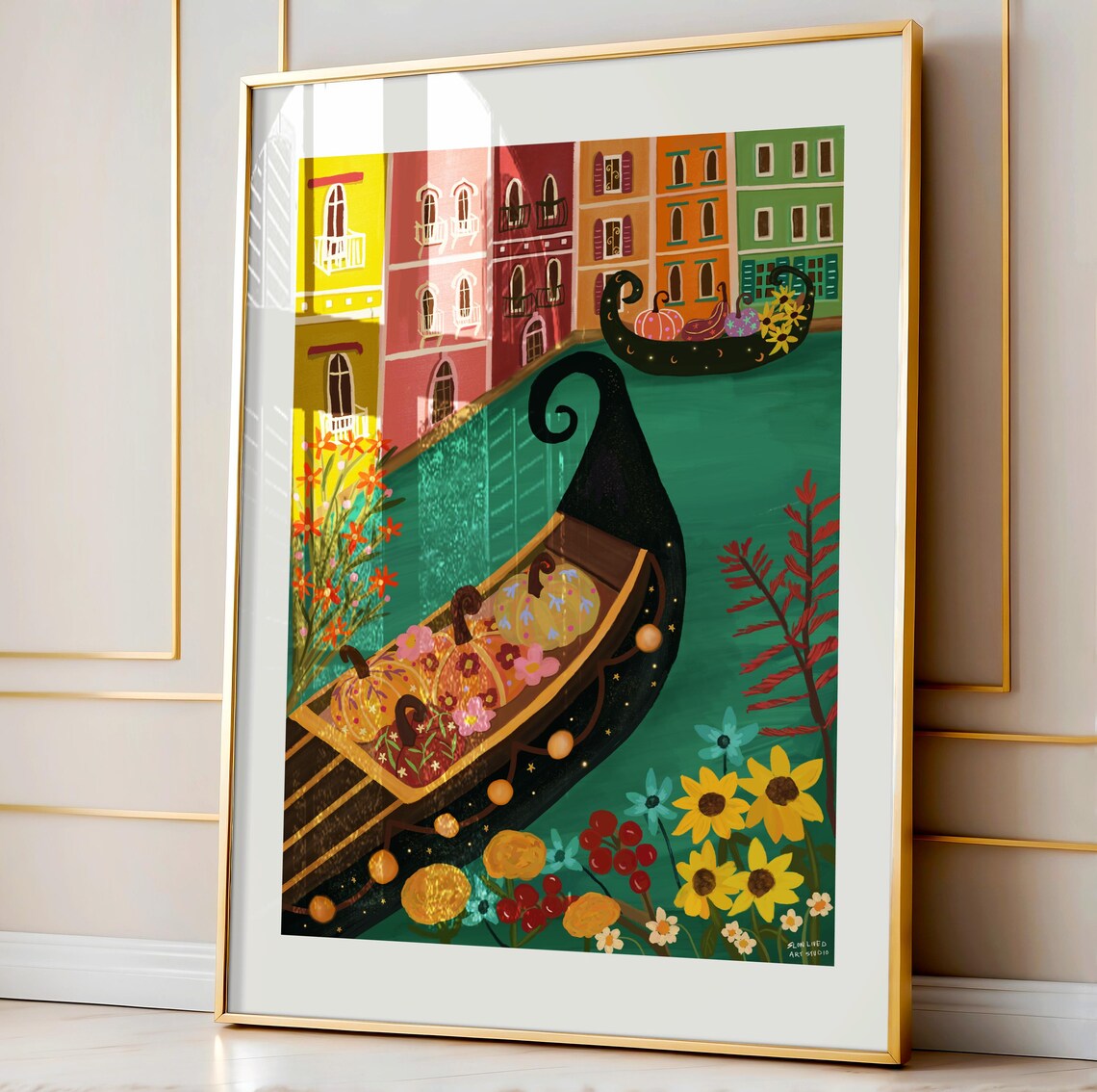 Venice Autumn Gondola Pumpkins Canal Colorful City Art Print - Image 4