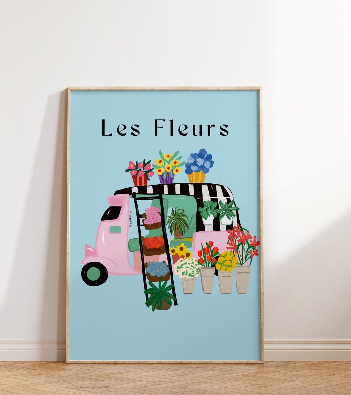 Les Fleurs Flower Shop Pink Van Striped Awning Blue Art Print - Image 4