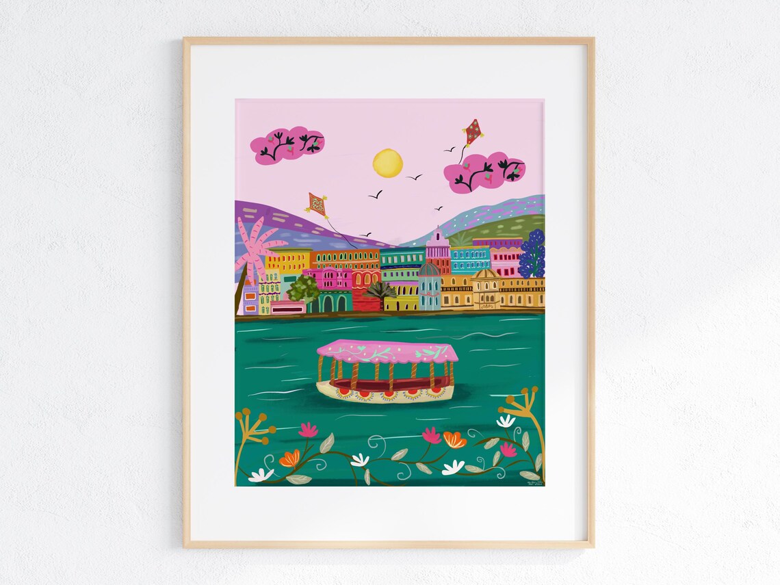 Colorful Indian Lakeside City Pink Sky Boat Palace Art Print