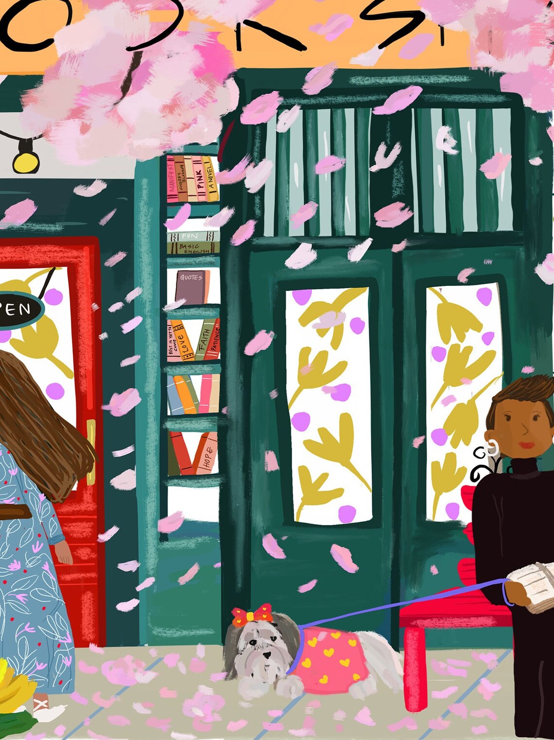 Spring Cherry Blossom Bookshop Girl Reading Dog Cozy Art Print - Image 3