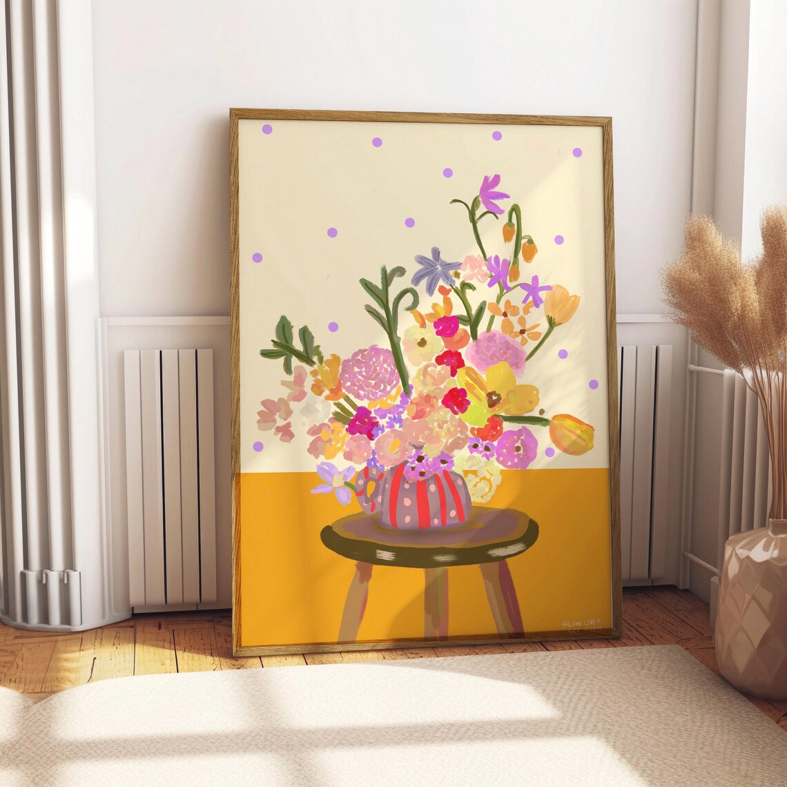Colorful Hand Drawn Flower Vase Maximalist Botanical Wall Art