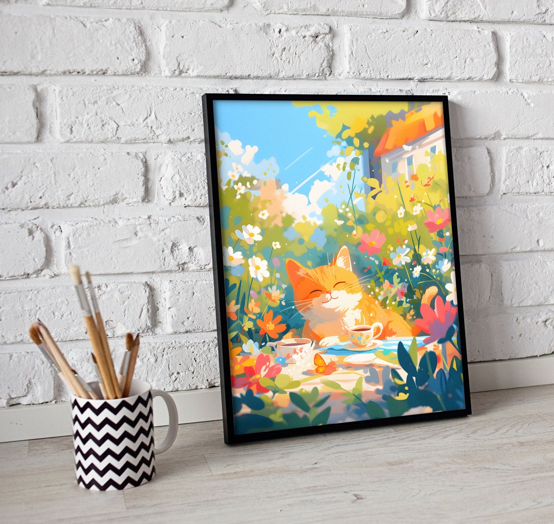 Ginger Cat Enjoying Tea Among Colorful Flowers in a Garden Poster - Image 3