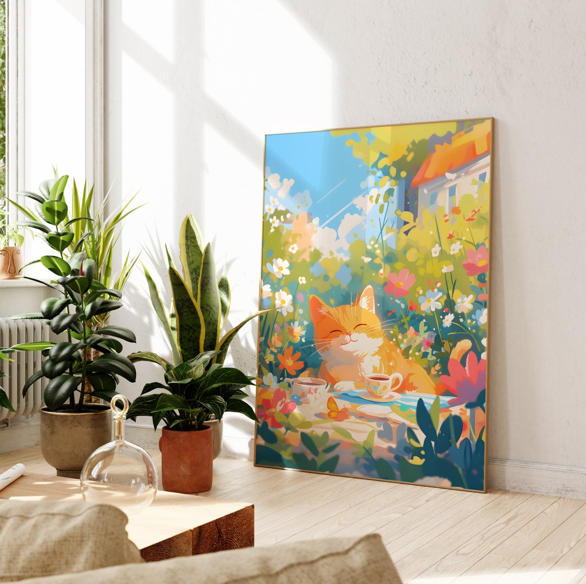 Ginger Cat Enjoying Tea Among Colorful Flowers in a Garden Poster - Image 2
