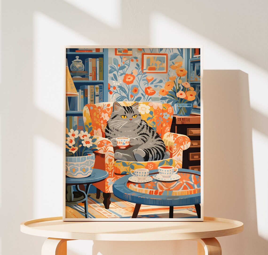 Tea Cat Painting, Tabby Cat Christmas Art Print
