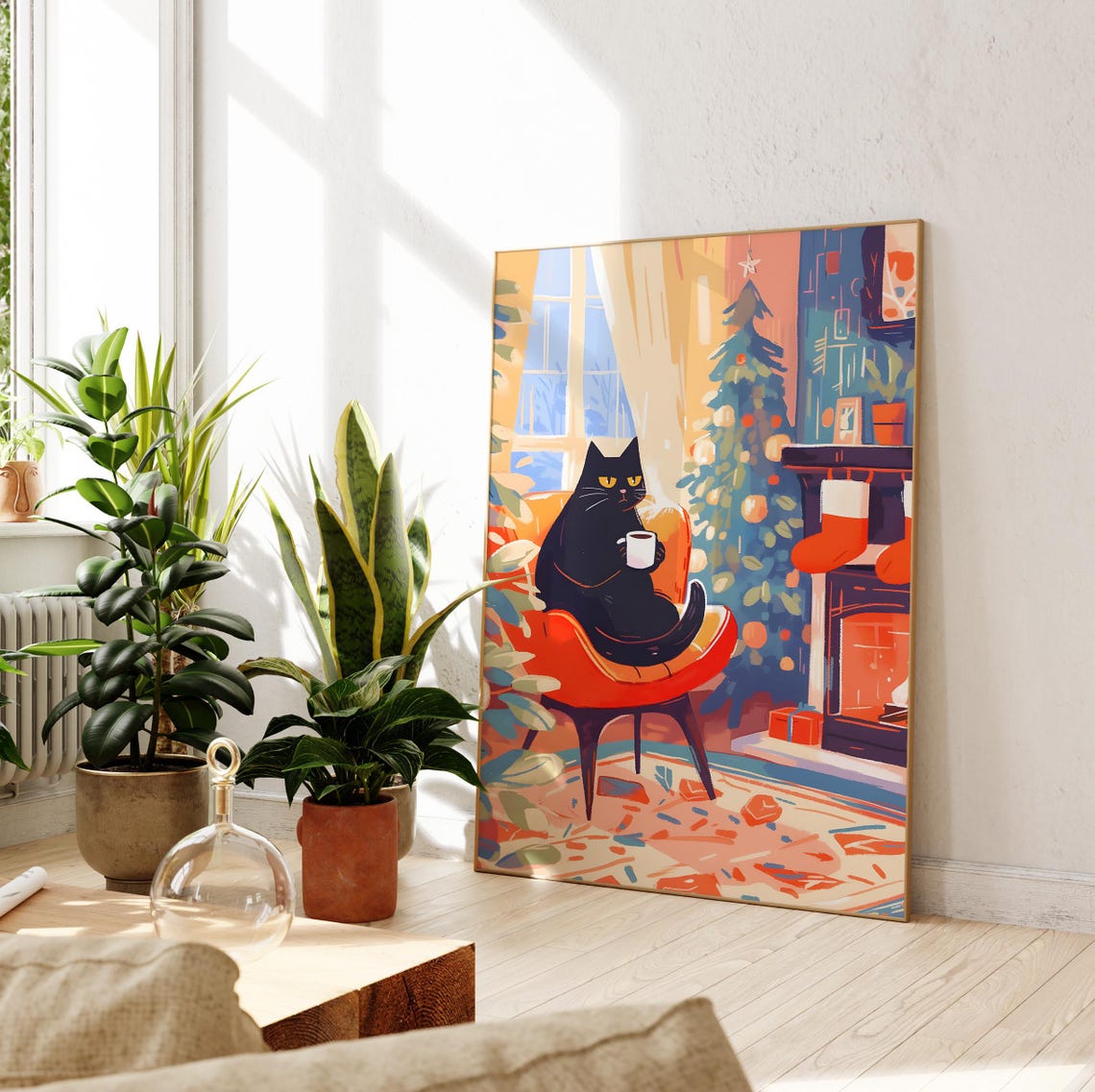 Black Cat by the Fireplace on a Cozy Christmas Morning Poster - Image 2