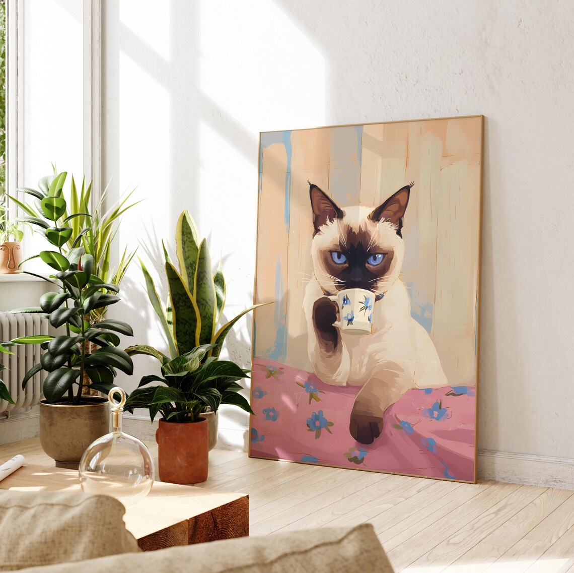 Fun Siamese Cat Poster, Coffee Cat Wall Art Print - Image 3