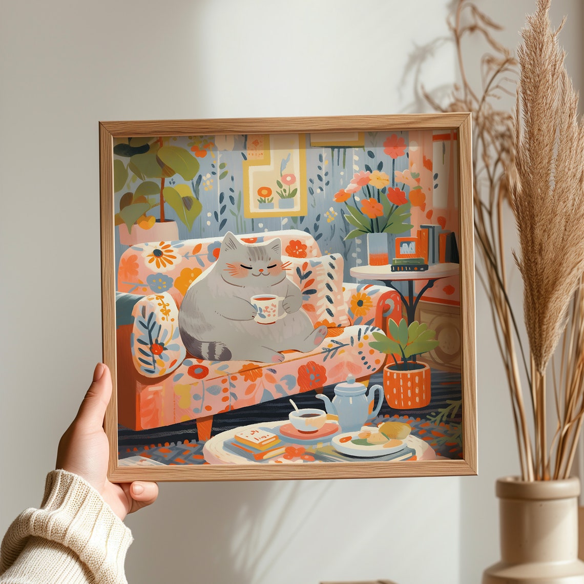 Relaxed Grey Tabby Cat Enjoying Coffee on Floral Couch Poster - Image 3