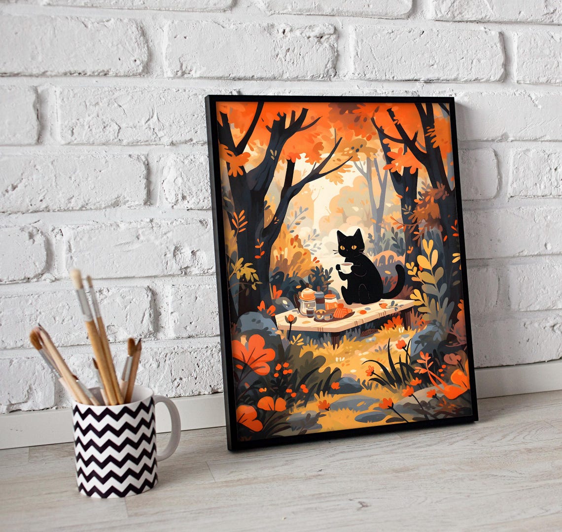 Autumn Black Cat Poster Of Autumn Forest Painting Of Halloween Gifts Print Of Lovely Cat Birthday Gifts Of Maple Leafs Wall Art Of Cats - Image 2