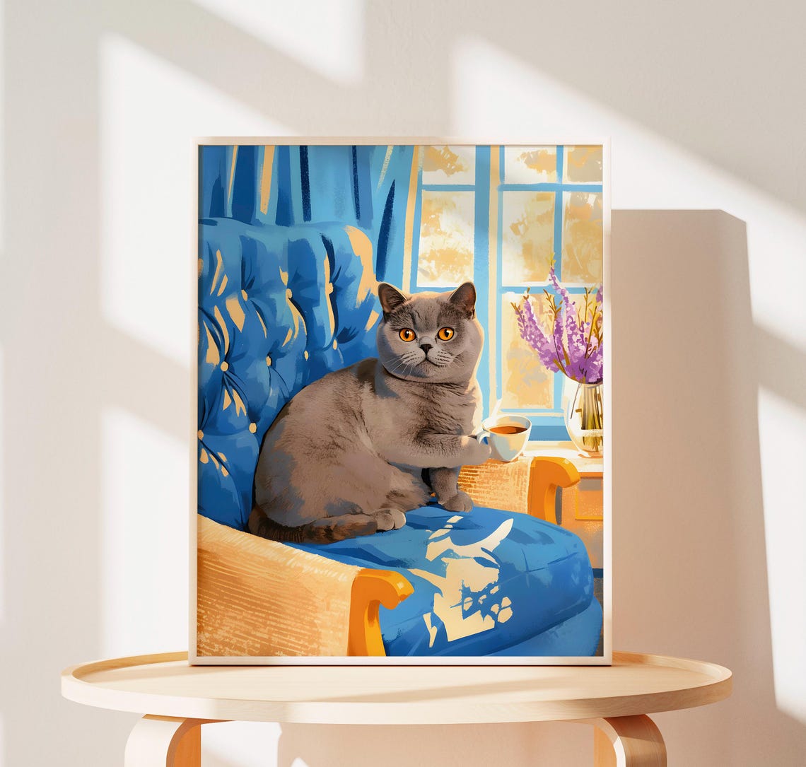 British Shorthair Cat with Teacup on a Blue Tufted Sofa Poster