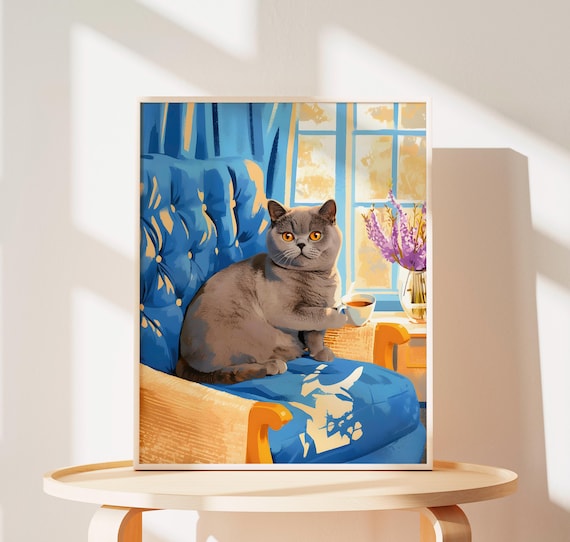 British Shorthair Cat with Teacup on a Blue Tufted Sofa Poster
