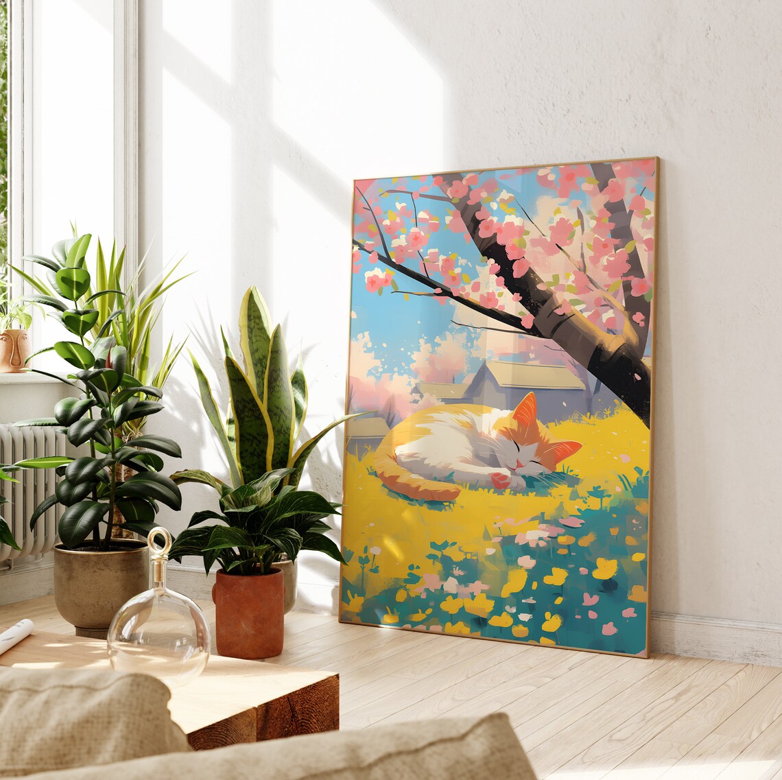 Cozy Tabby Cat and Cherry Blossom Wall Art Print - Image 2