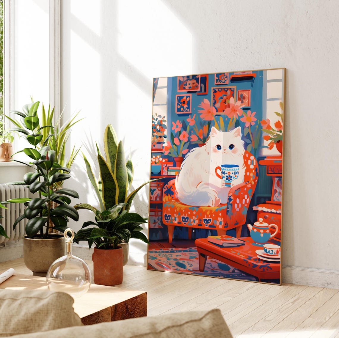Fluffy White Cat with Teacup in a Bold Red Floral Room Poster - Image 2