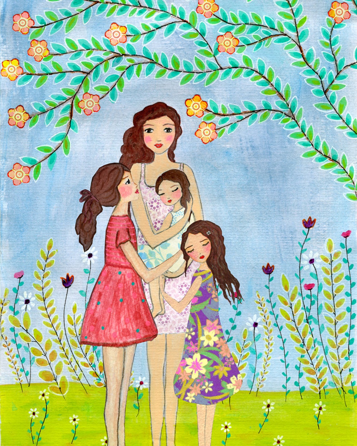Mother Daughter Painting Mother And Three Daughters Painting Art Print Nursery Wall Art Mother And Daughters Painting Gift For Mothers