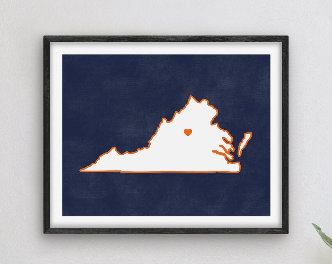 Virginia State Heart Map Navy Orange College Town Art Poster