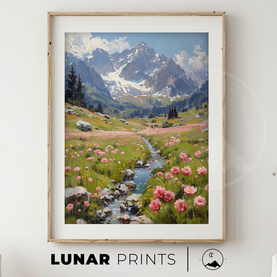 Spring Meadow Vintage Landscape, Mountain View Art Print