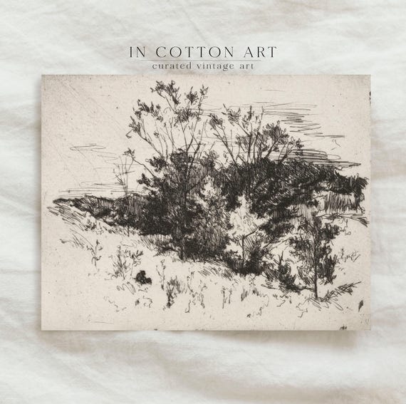 Antique Neutral Landscape Sketch Vintage Rustic Farmhouse Etching Nature Scenery Wall Art Incottonart D28