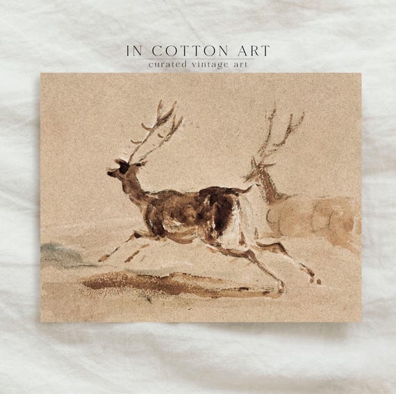 Vintage Reindeer Watercolor Christmas Art Print