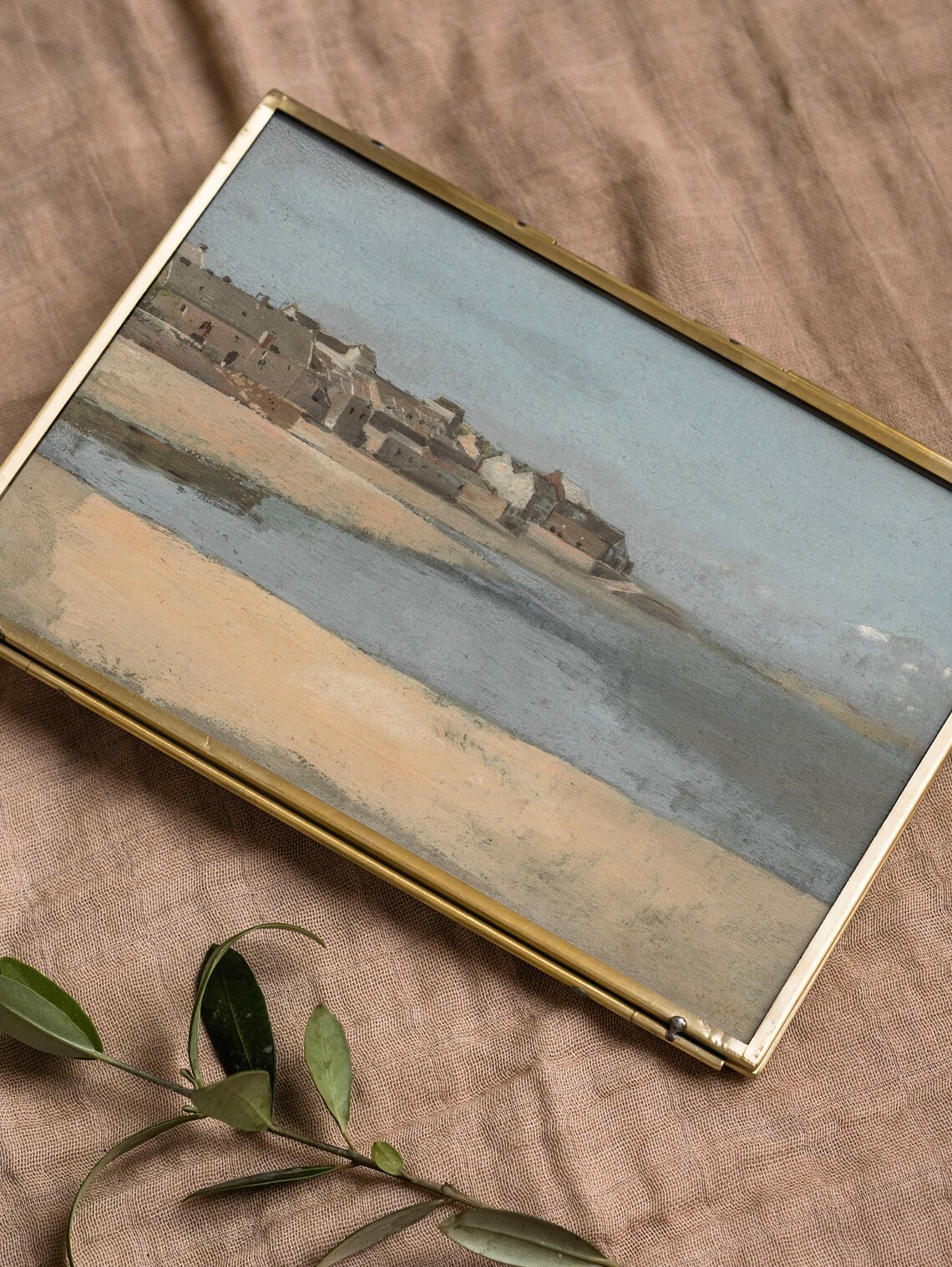 Neutral Coastal Village Beach Oil Painting Soft Tonal Art Print - Image 2