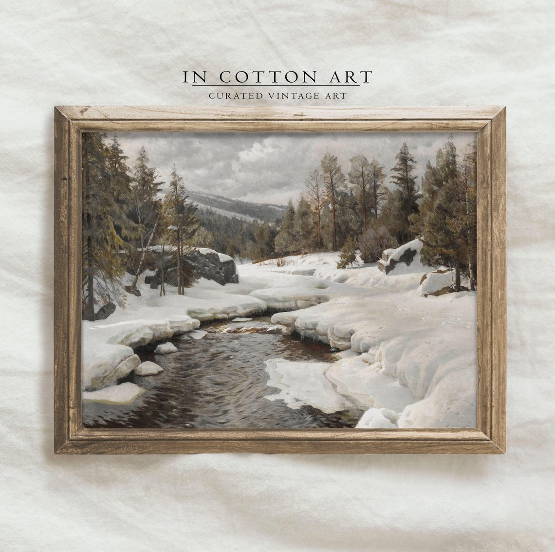 Snowy Pine Forest Stream Winter River Vintage Landscape Painting - Image 3