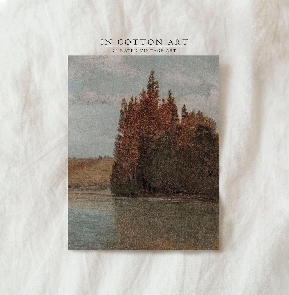 Autumn Lakeside Pines Calm Water Vintage Landscape Oil Painting
