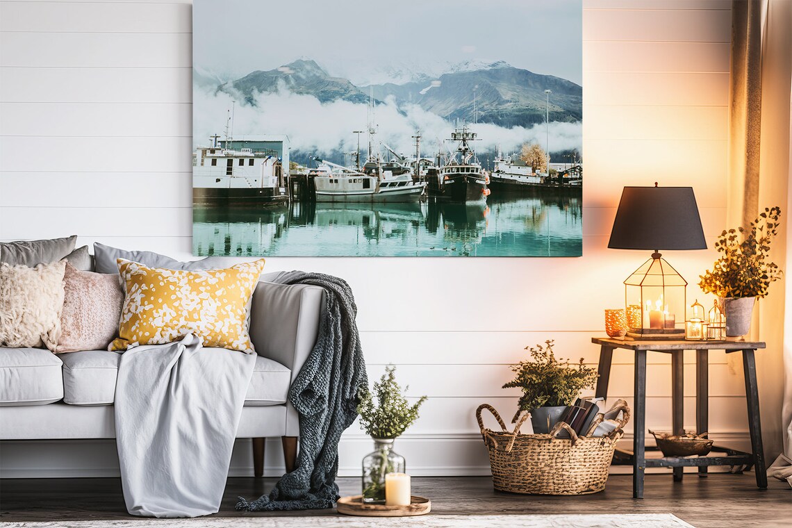 Foggy Coastal Fishing Harbor with Boats and Snowy Mountains Poster - Image 2