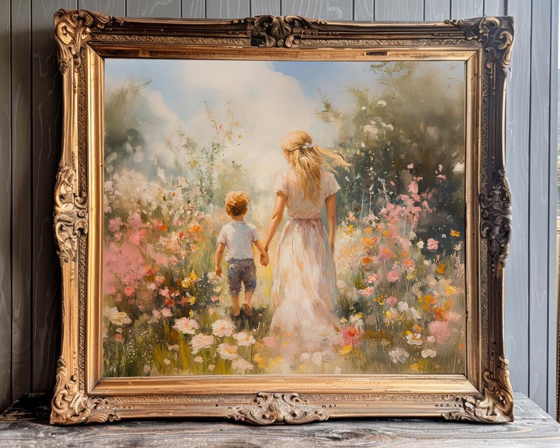 Mom And Son Strolling Through Wildflower Field Painting Art Poster