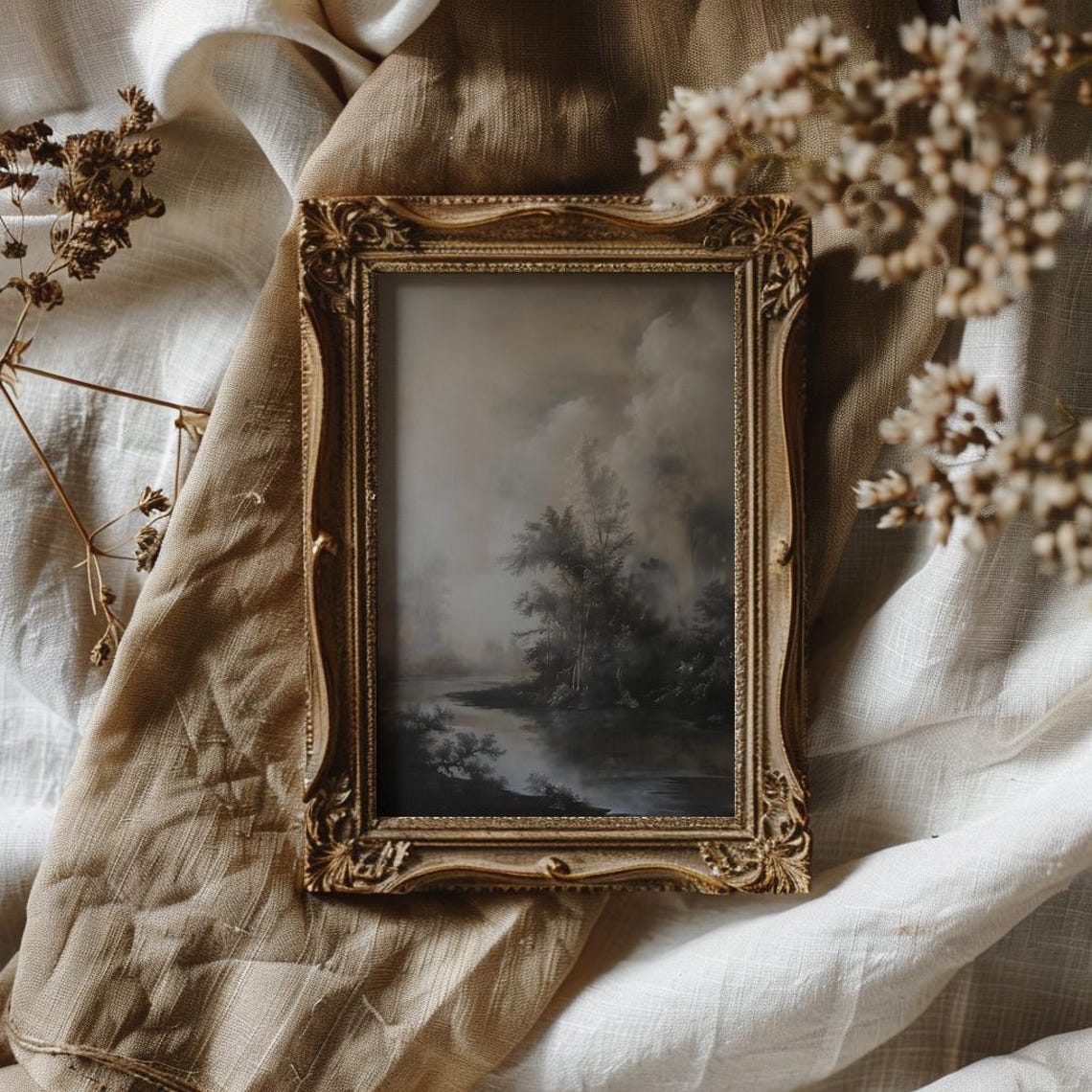 Dark Misty Lake With Trees Under Stormy Sky Moody Art Poster - Image 3