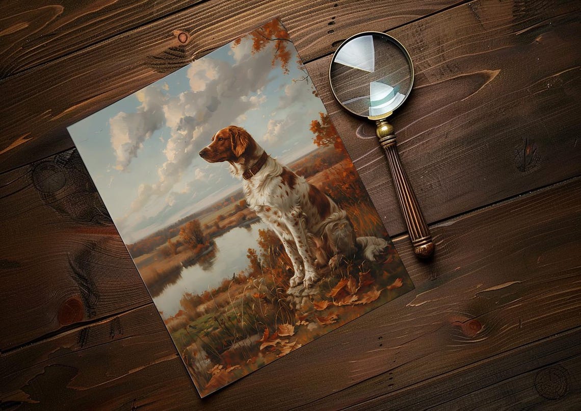 Brittany Spaniel Sitting in an Autumn Field by a Lake Poster - Image 4