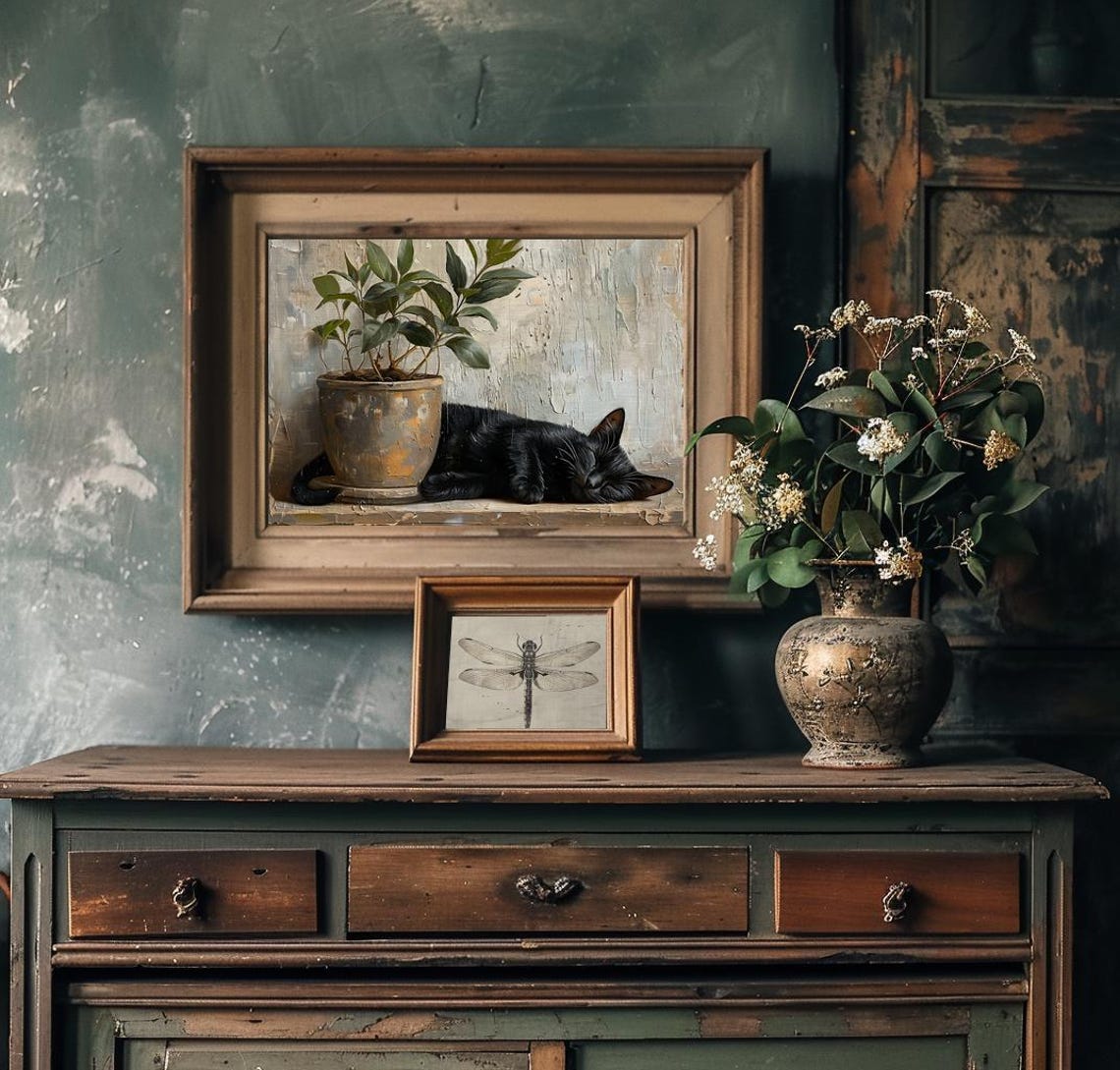 Black Cat Sleeping Beside a Potted Plant on a Wooden Shelf Poster - Image 3