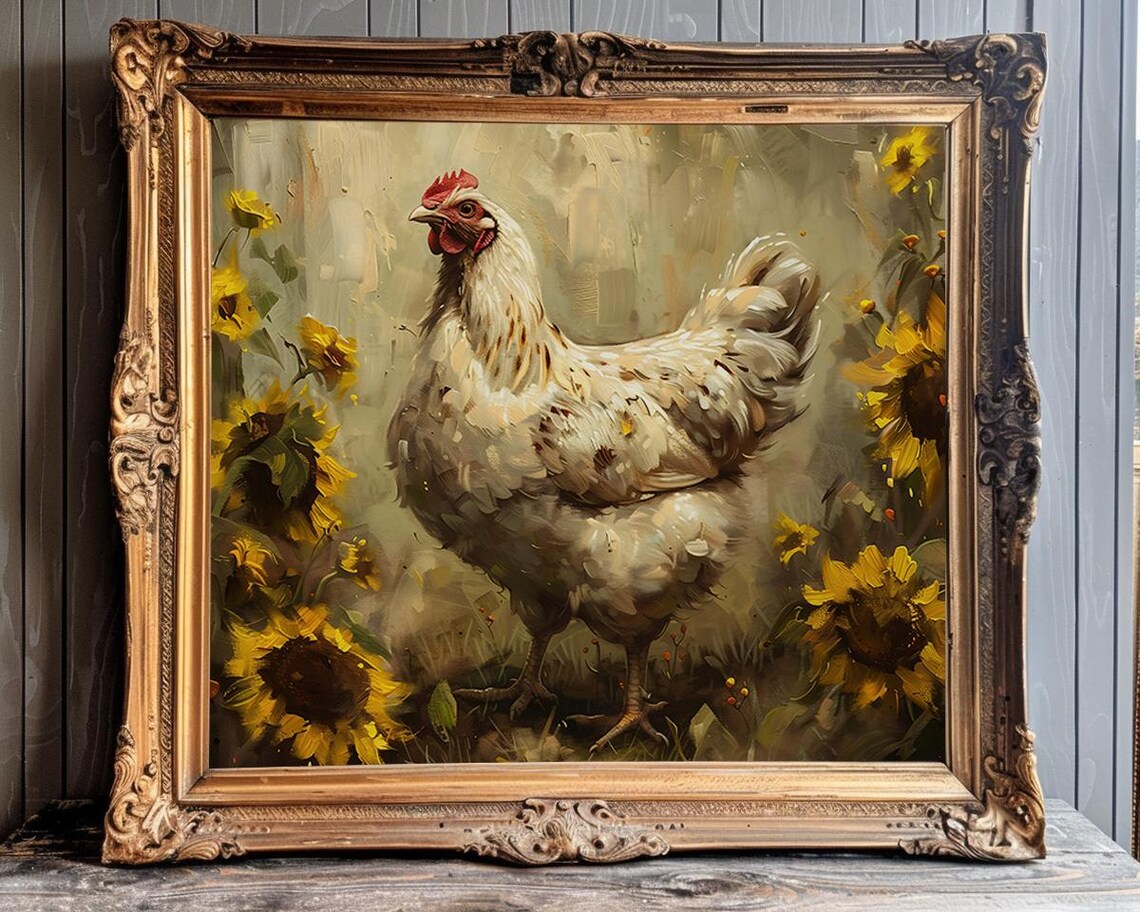 White Hen Among Sunflowers Rustic Country Farm Oil Painting Poster - Image 3