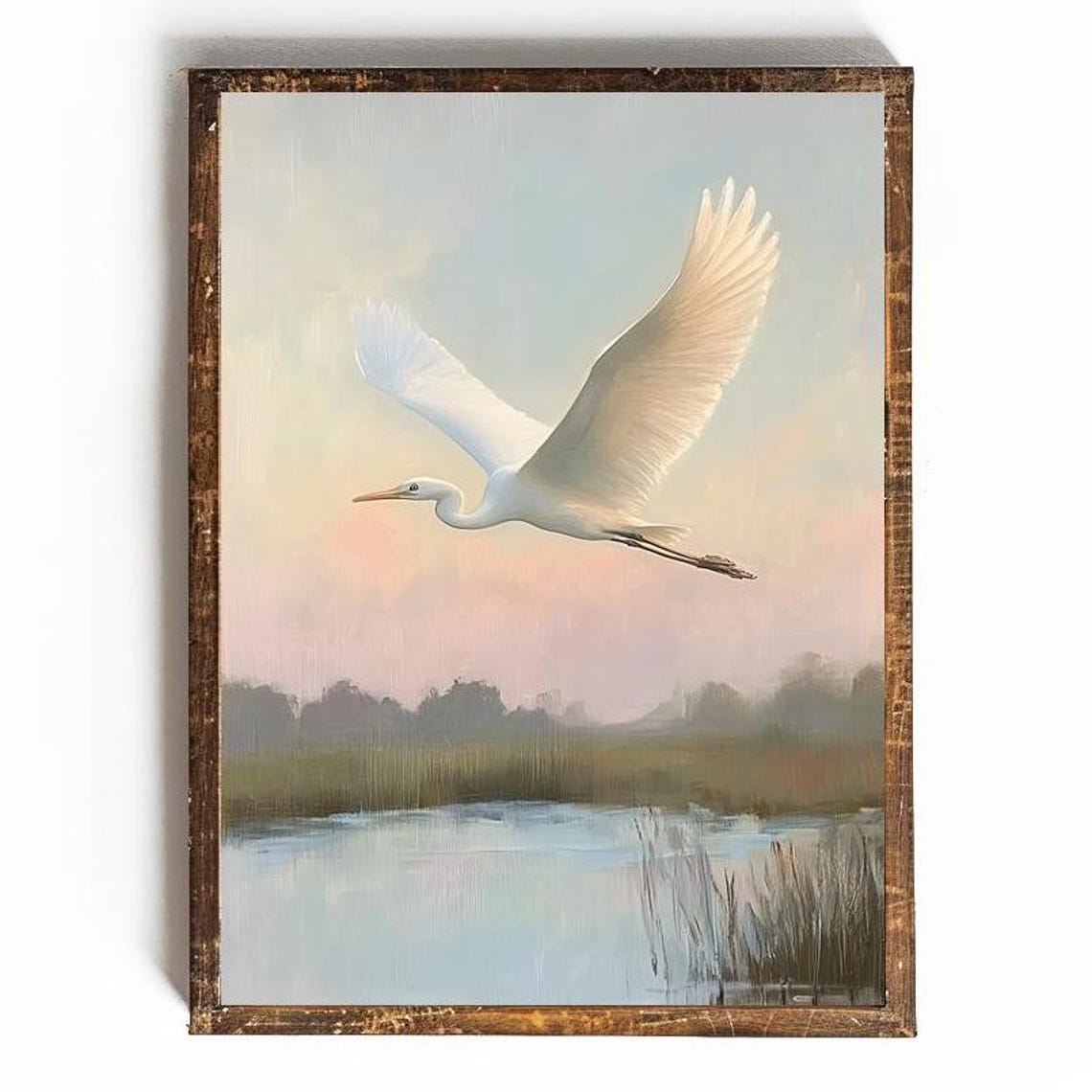 White Egret Soaring Over A Marsh In Golden Hour Coastal Bird Poster