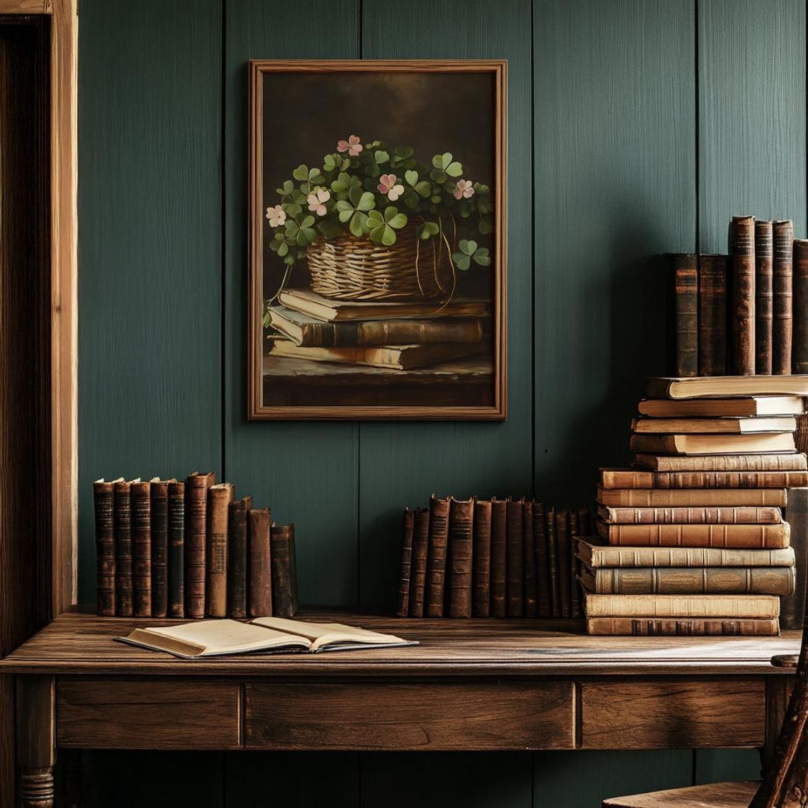Blooming Clover in a Wicker Basket on Stacked Antique Books Poster - Image 4