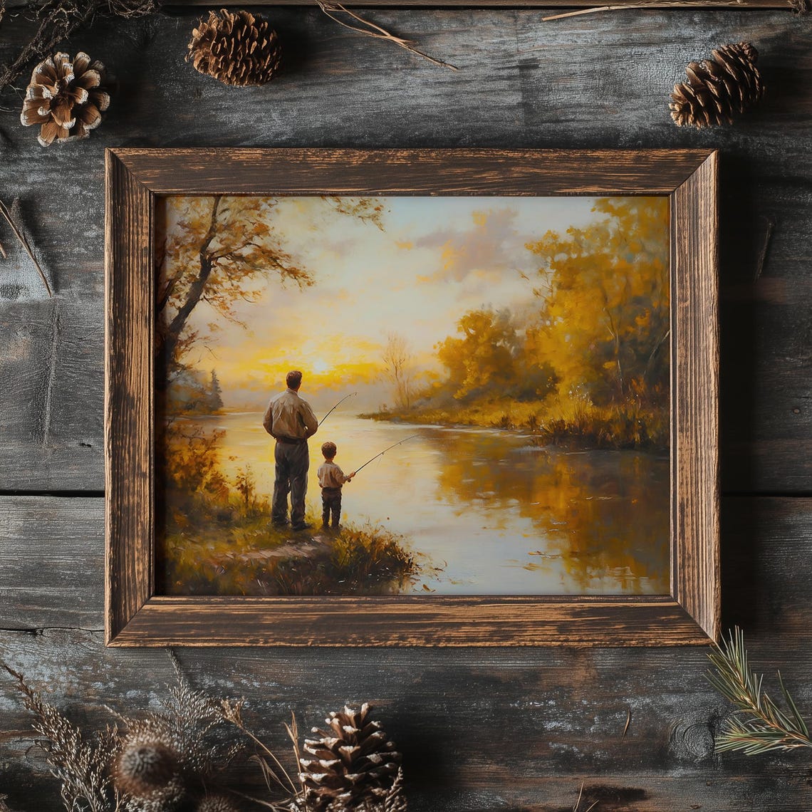 Father And Son Fishing Together At Sunset Lake Painting Poster - Image 2