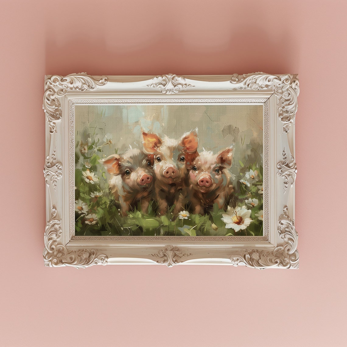 Three Sweet Piglets in a Daisy Field Rustic Wood Framed Art Print - Image 2