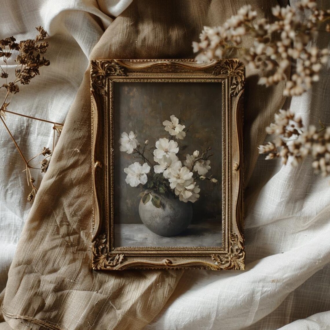White Dogwood Blossoms In Grey Vase Dark Moody Floral Still Poster - Image 3