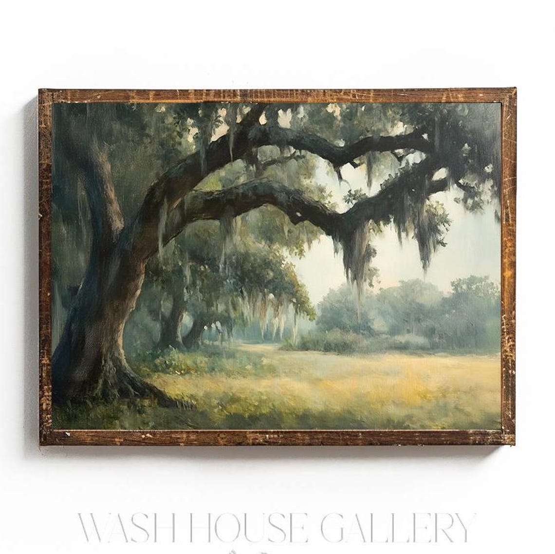 Sunlit Live Oak Meadow with Spanish Moss Vintage Green Poster - Image 2