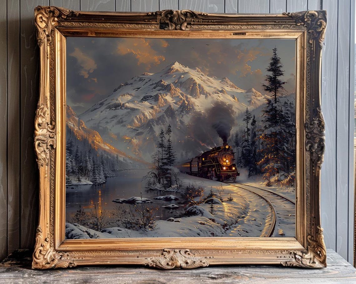 Steam Train Crossing a Snowy Mountain Valley at Night Poster