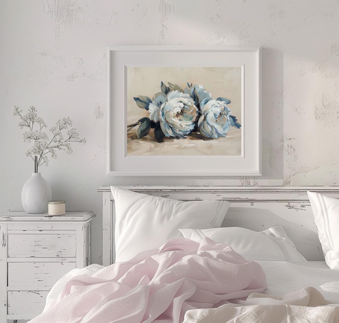 Blue Peony Bouquet Soft Neutral Floral Oil Painting Art Poster - Image 3