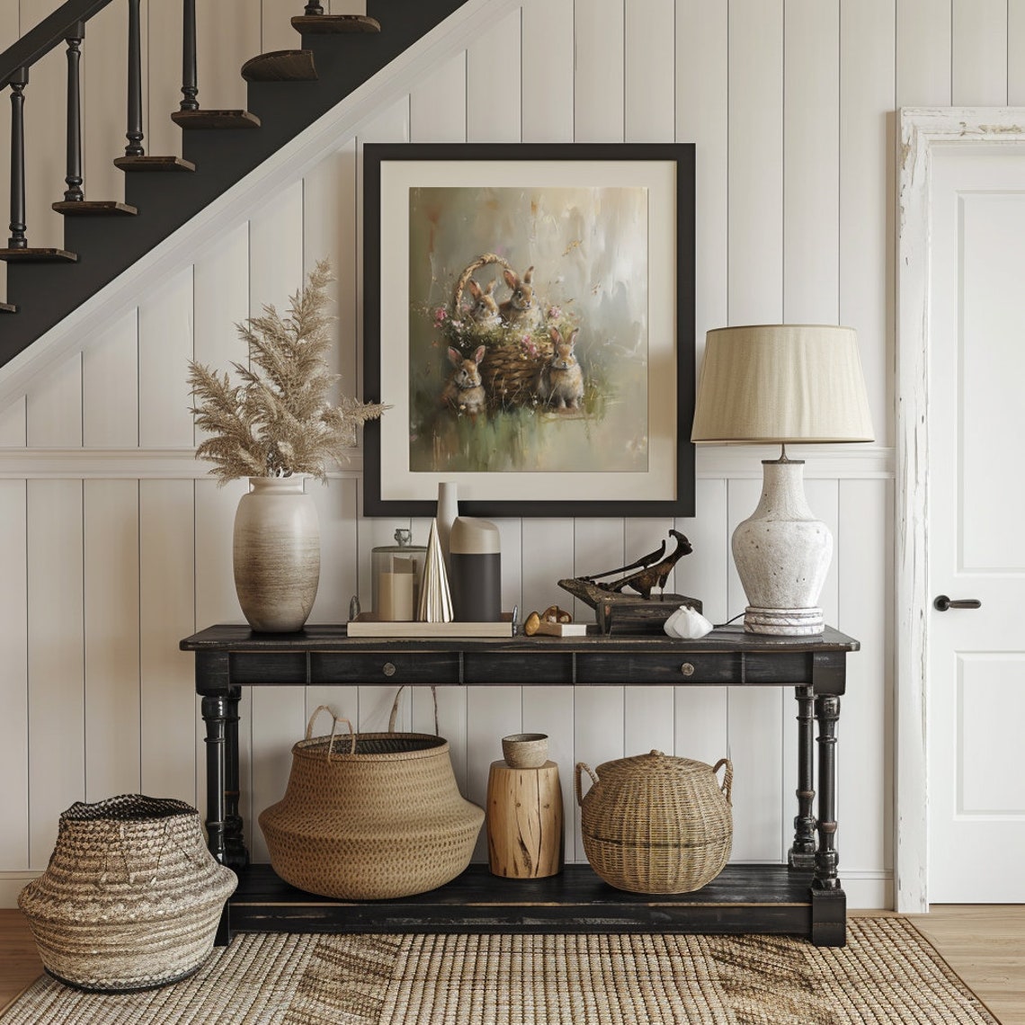Four Baby Bunnies Around Wicker Flower Basket Spring Wall Poster - Image 3