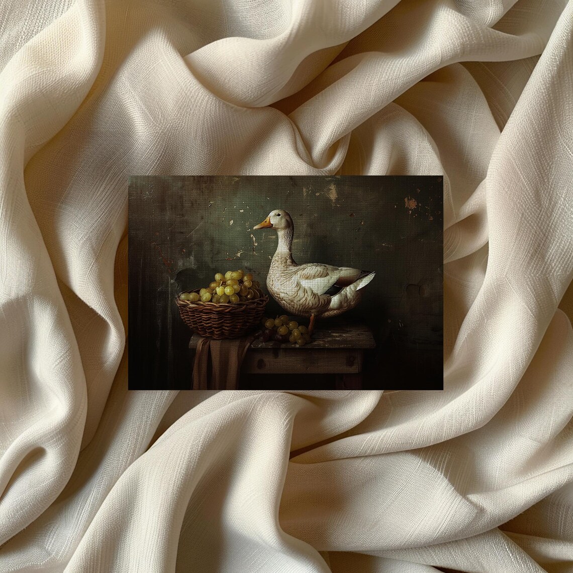 White Duck Beside Basket of Grapes Moody Dark Still Life Poster - Image 2