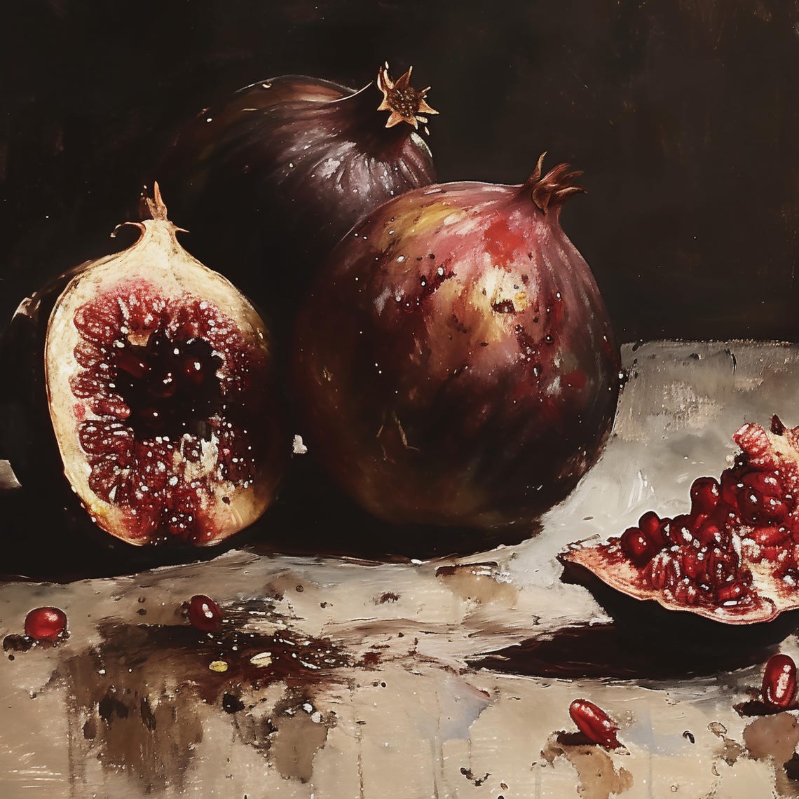 Moody Pomegranate And Fig Still Life In Dark Kitchen Wall Art - Image 2