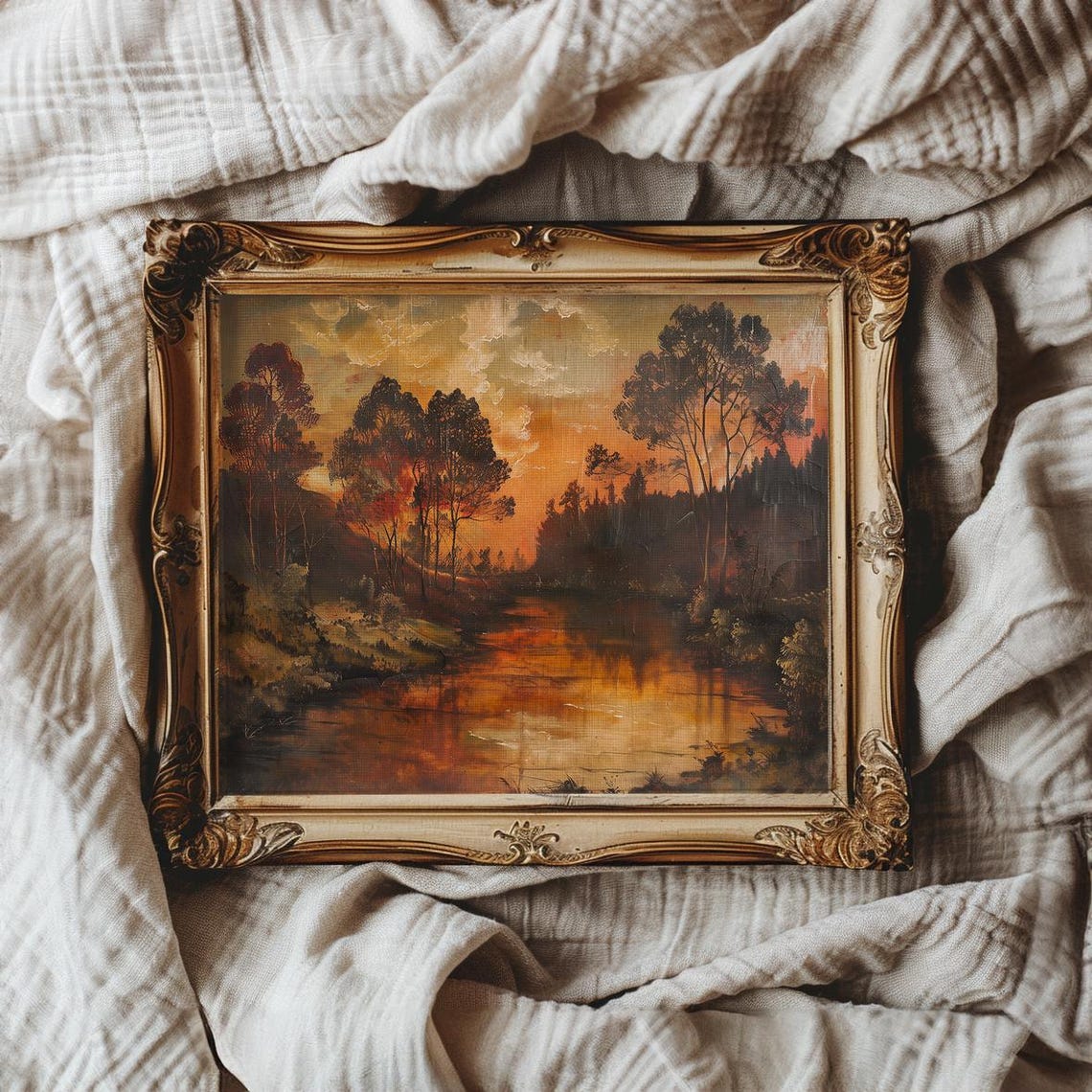 Fiery Sunset Over River Autumn Trees Vintage Landscape Poster - Image 4