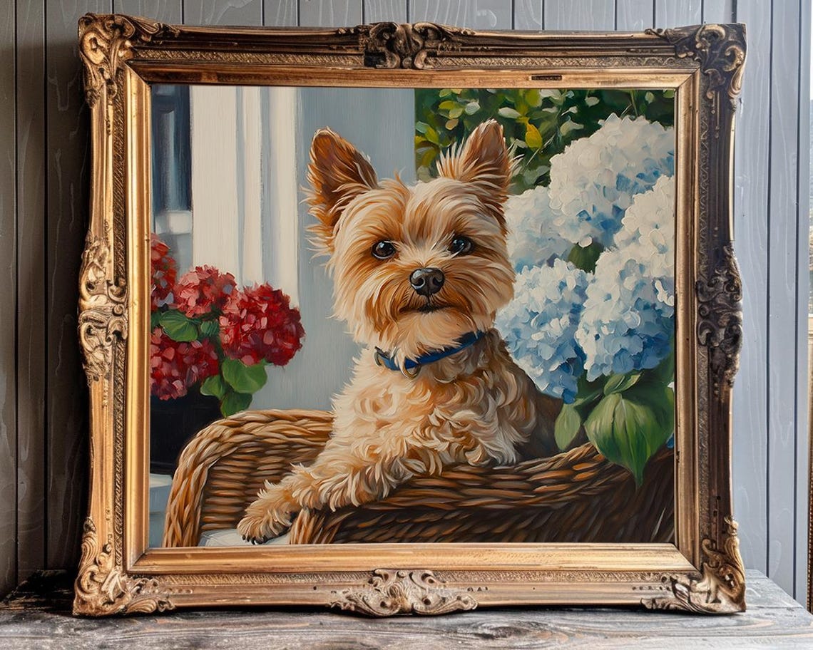 Yorkshire Terrier Puppy in a Wicker Chair with Hydrangeas Poster - Image 3
